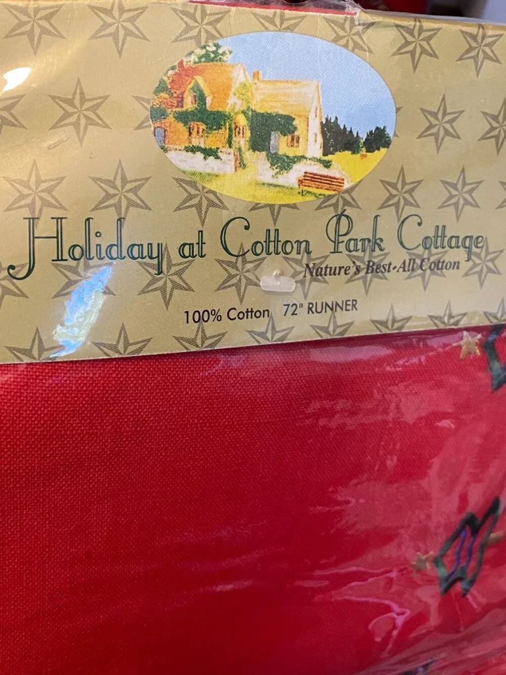 Holiday at Cotton Park Cottage Christmas Table Runner Red Green Holly Vintage